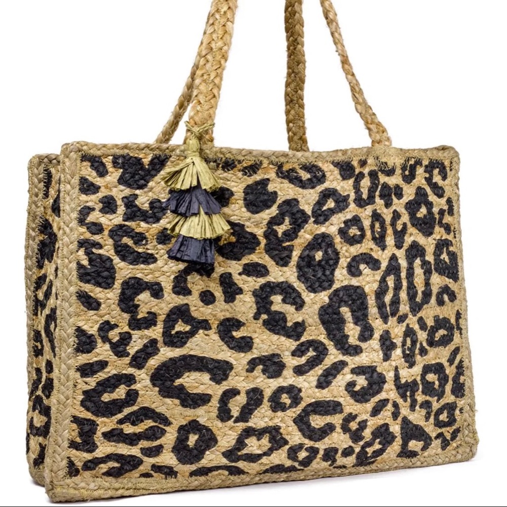 Leopard Straw Shopper Tote With Tassel